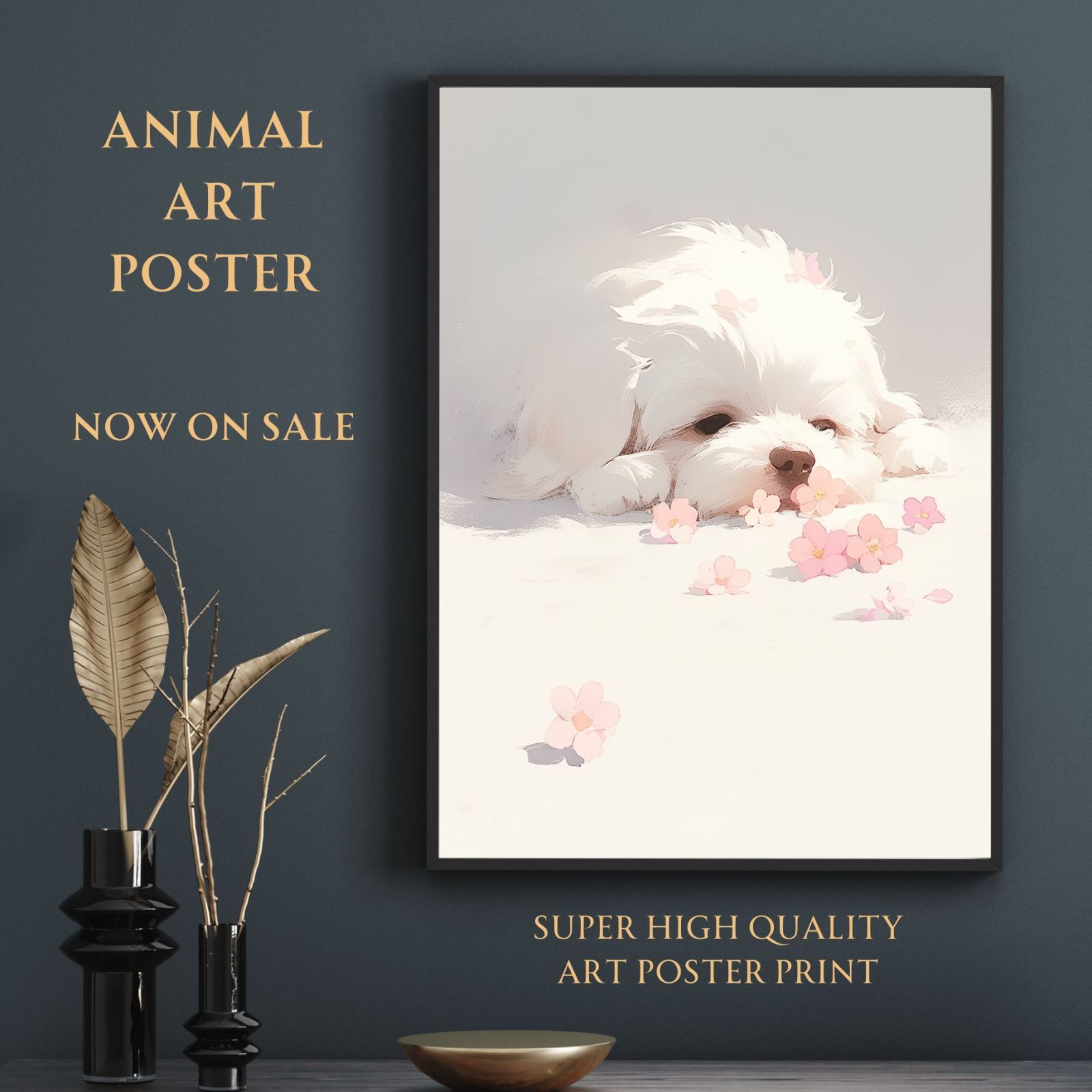 桜犬戯舞 - マルチーズ犬 No.2 桜 花見 春 花びら 子犬 ペットロス うちの子 記念日 アートポスター 犬の絵 犬のイラスト ギフト プレゼント