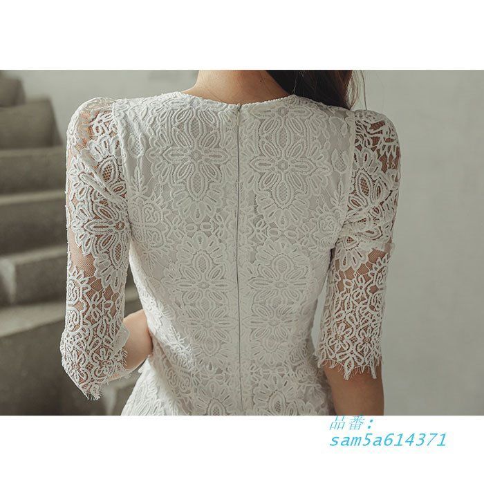 総シースルーレース刺繍 五分袖膝丈タイトワンピース