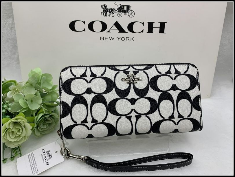 COACH 長財布 コーチ 財布 ブラック マルチ ホワイト レディース  メンズ ストラップ付き プレゼント 贈り物 アラウンド ウォレット シグネチャー キャンバス ロング ジップ 新品 未使用 CP409 C339Z-X1