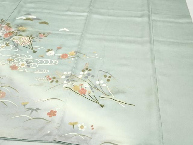 平和屋着物○訪問着 扇面糸巻き飛鶴草花文 暈し染め 金彩 正絹 逸品