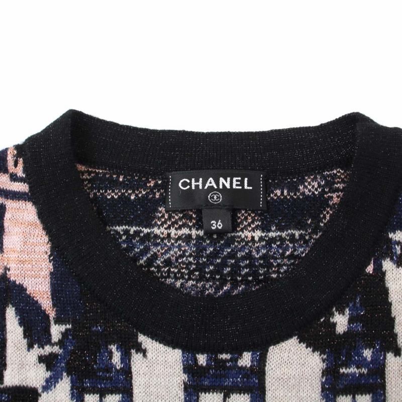 シャネル CHANEL 21A ジャガードカシミヤニット クルーネック 長袖 ココボタン ココマーク 総柄 36 S 紺 黒 ネイビー ブラック  P71031K10156 /KH - メルカリ