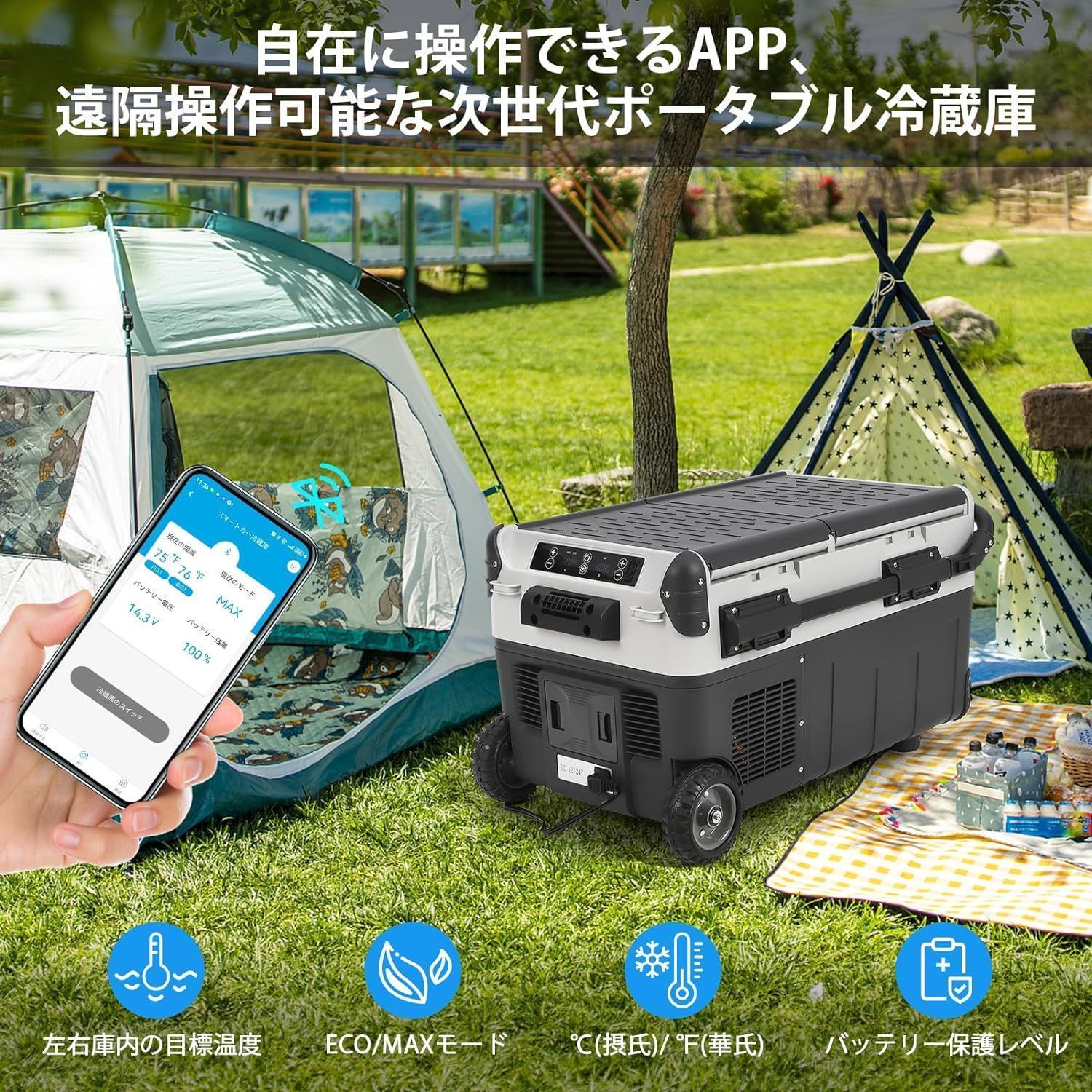 車載冷蔵庫 30L コンプレッサー式 バッテリー内蔵 -20℃～10℃ 急速冷凍 4Way電源対応 アプリ遠隔操作 2室独立温度制御 大容量 DC12V|2