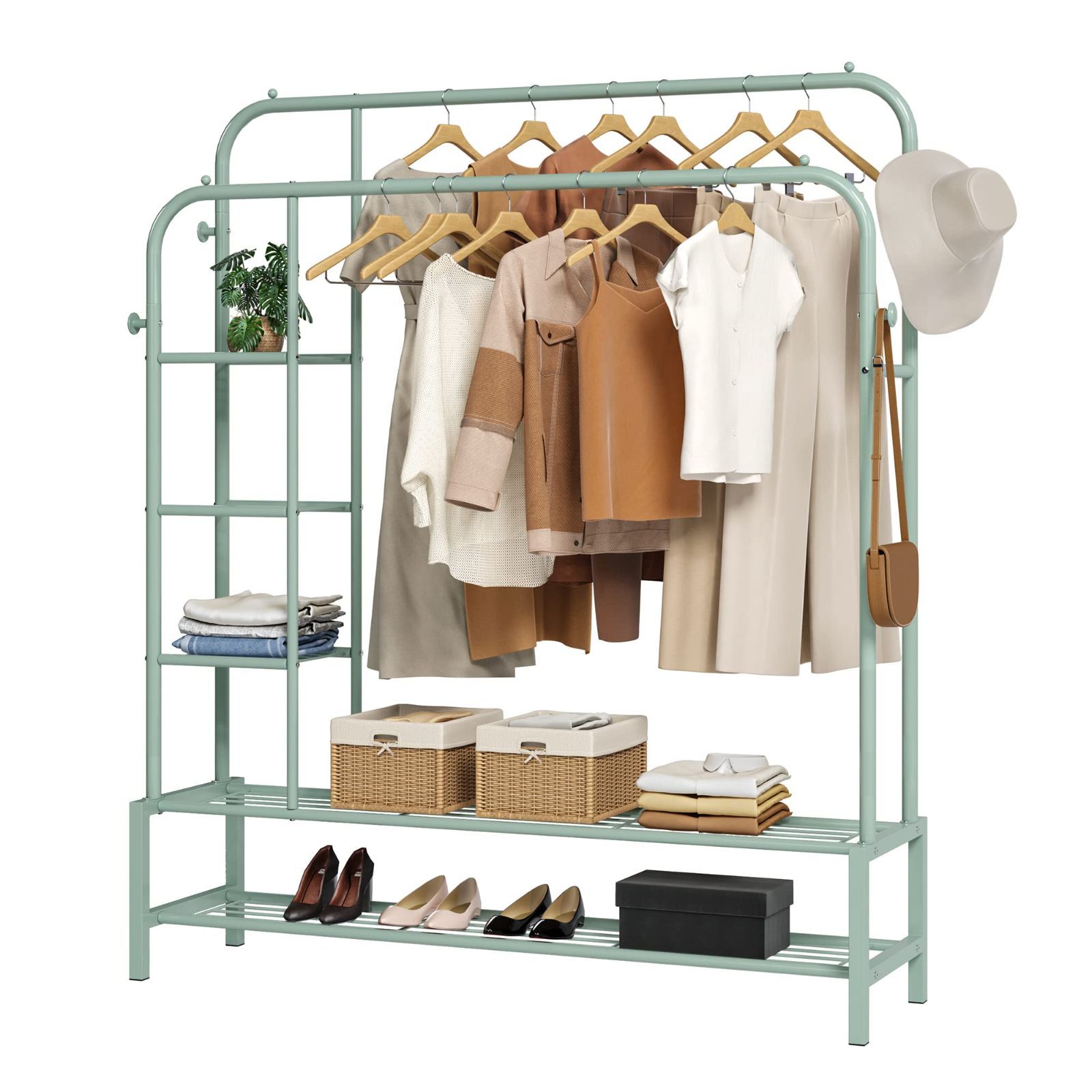 JOISCOPE ハンガーラック 頑丈大容量収納ラック おしゃれ洋服ラック かんたん組み立て 多機能収納 自立型 ハンガー 耐久耐荷重 125.5*33.5*164CM 双極双層-サイド棚付き ミントグリーン