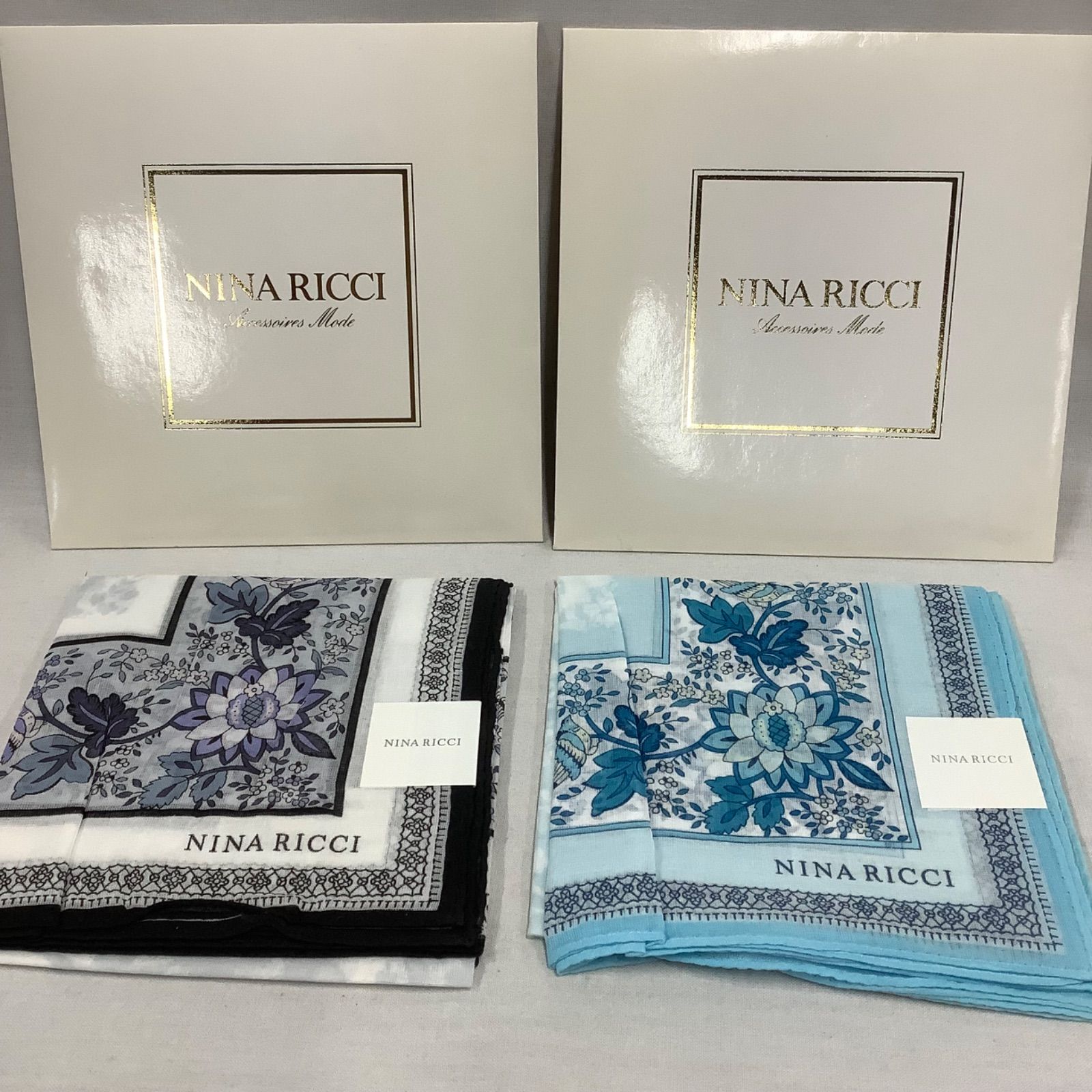 NINA RICCI 花柄 ネイビー ハンカチ大判レ一ス付き 未使用】NINA RICCl ニナリッチ ハンカチ2枚セット レディース