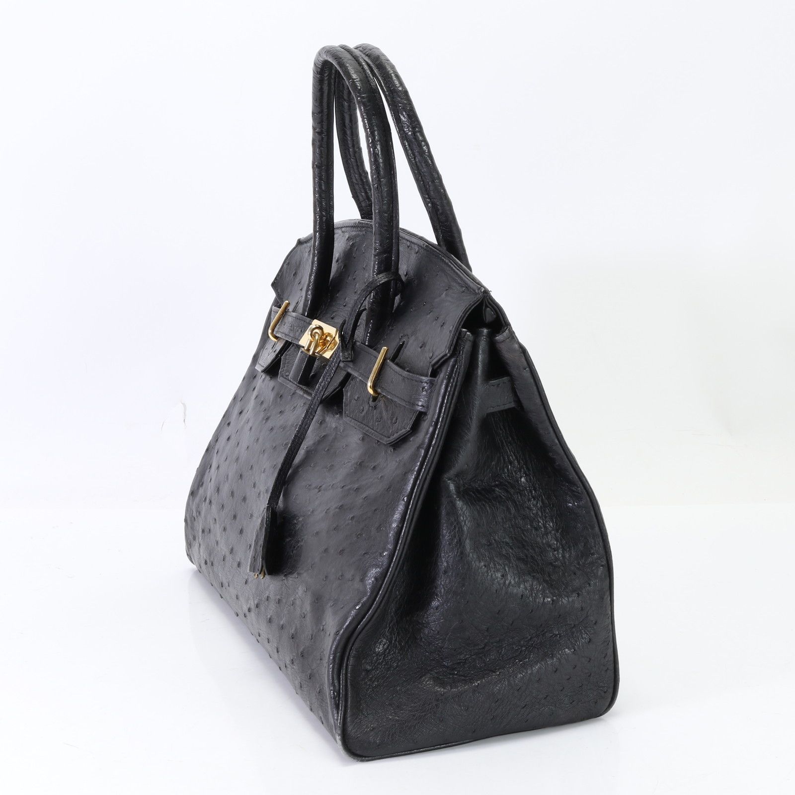 【美品】Ostrich leatherオーストリッチ/ ハンドバッグ オーストリッチ レザー バーキン型 バッグ ハンドバッグ ピンク 天