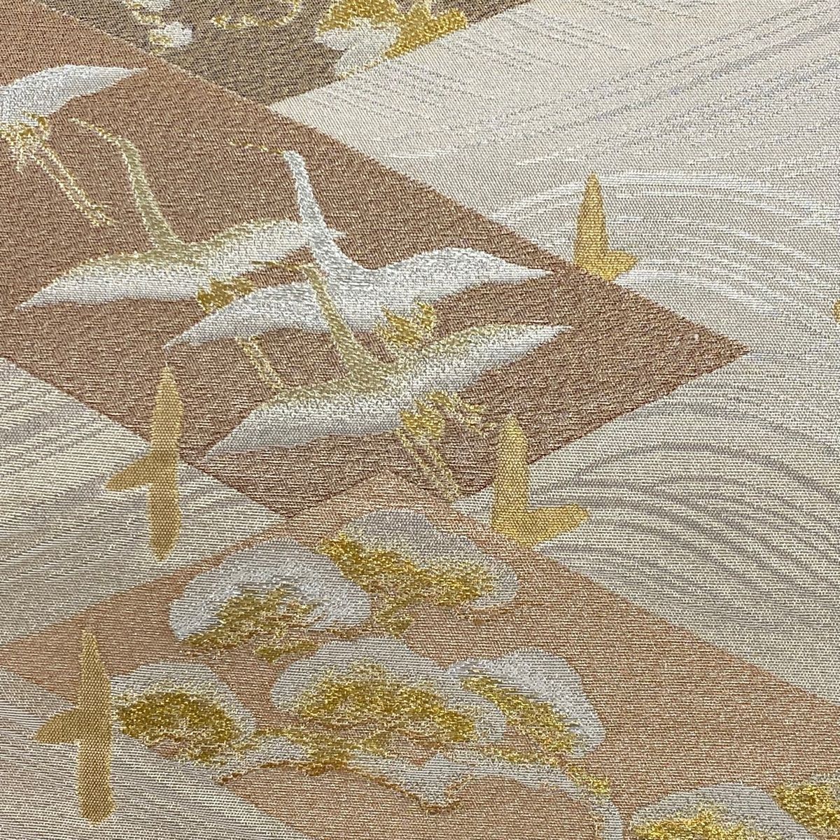 袋帯 美品 秀品 秋草 松 金銀糸 箔 ベージュ 六通 正絹 【中古