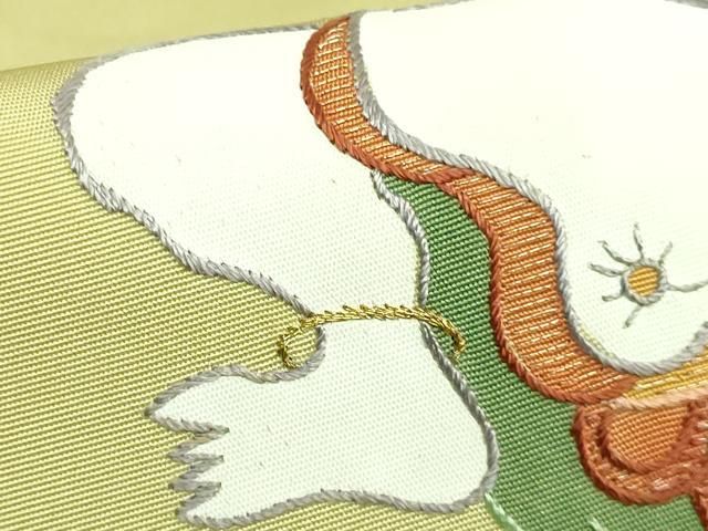 平和屋着物□極上 京縫 月聖子 塩瀬 九寸名古屋帯 刺繍 雷神 抹茶色地