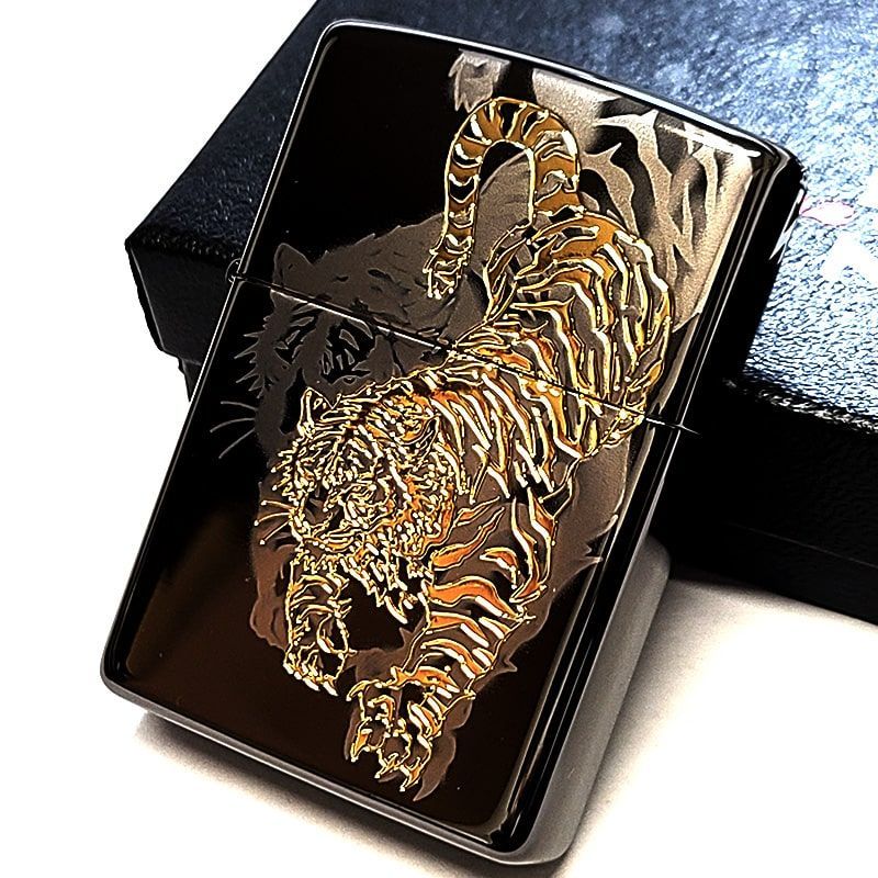 ZIPPO ライター 虎 細密レーザー彫刻＆金差し 和柄 ブラックニッケル