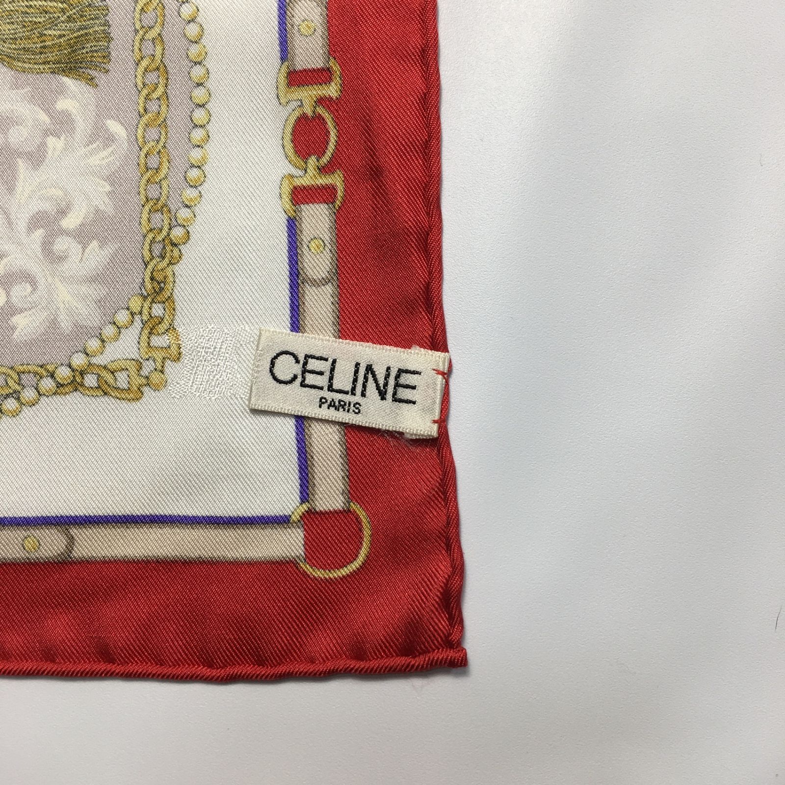 CELINE セリーヌ スカーフ レッド ベージュ シルク フランス製 中古・古着通販】CELINE (セリーヌ) スカーフ レッド×ブラウン