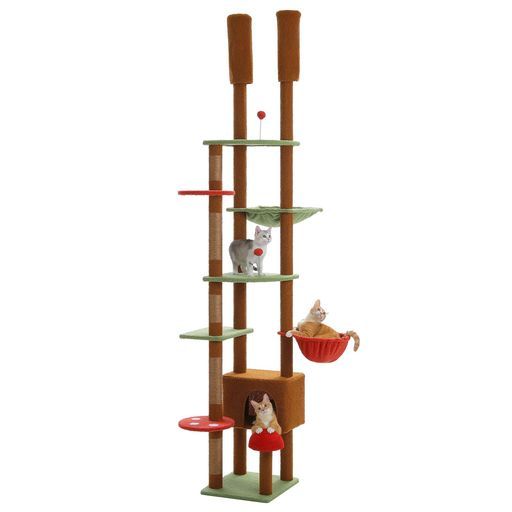 PETEPELA ぺテぺラ キャットタワー突っ張りスリム多頭飼い猫タワーツイン突っ張りコンパクト省スペース爪とぎハンモック2個可愛いおしゃれ運動不足解消登りやすい-ブラウン高さ調整幅190…