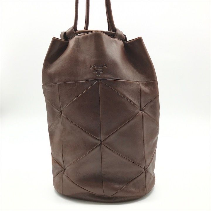 PRADA プラダ ロゴ 型押し 巾着 レザー ショルダー トート バッグ ブラウン ブランド カバン 鞄 Bag k6533