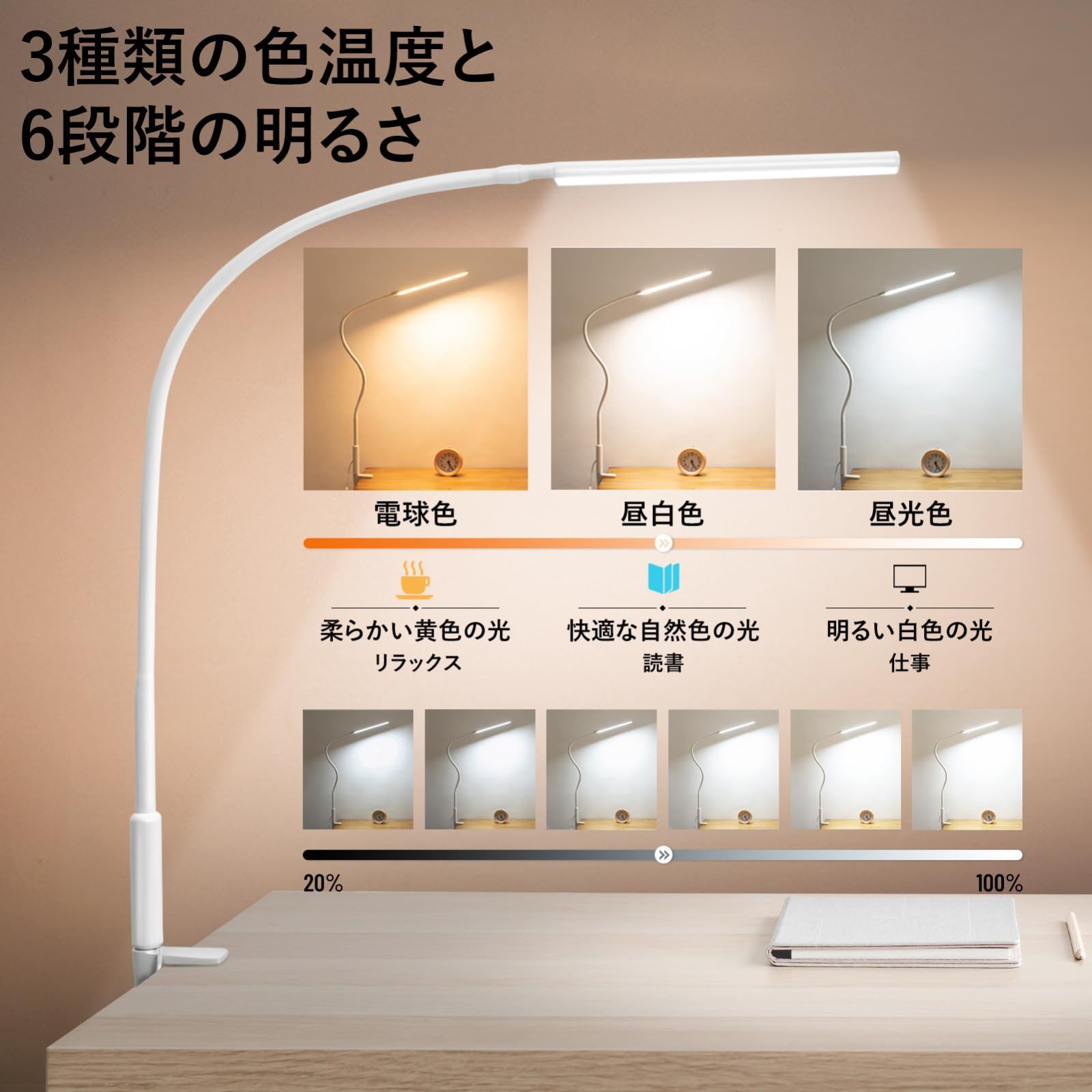 数量限定】LED 電気スタンド 平面発光クリップライト360°回転アーム