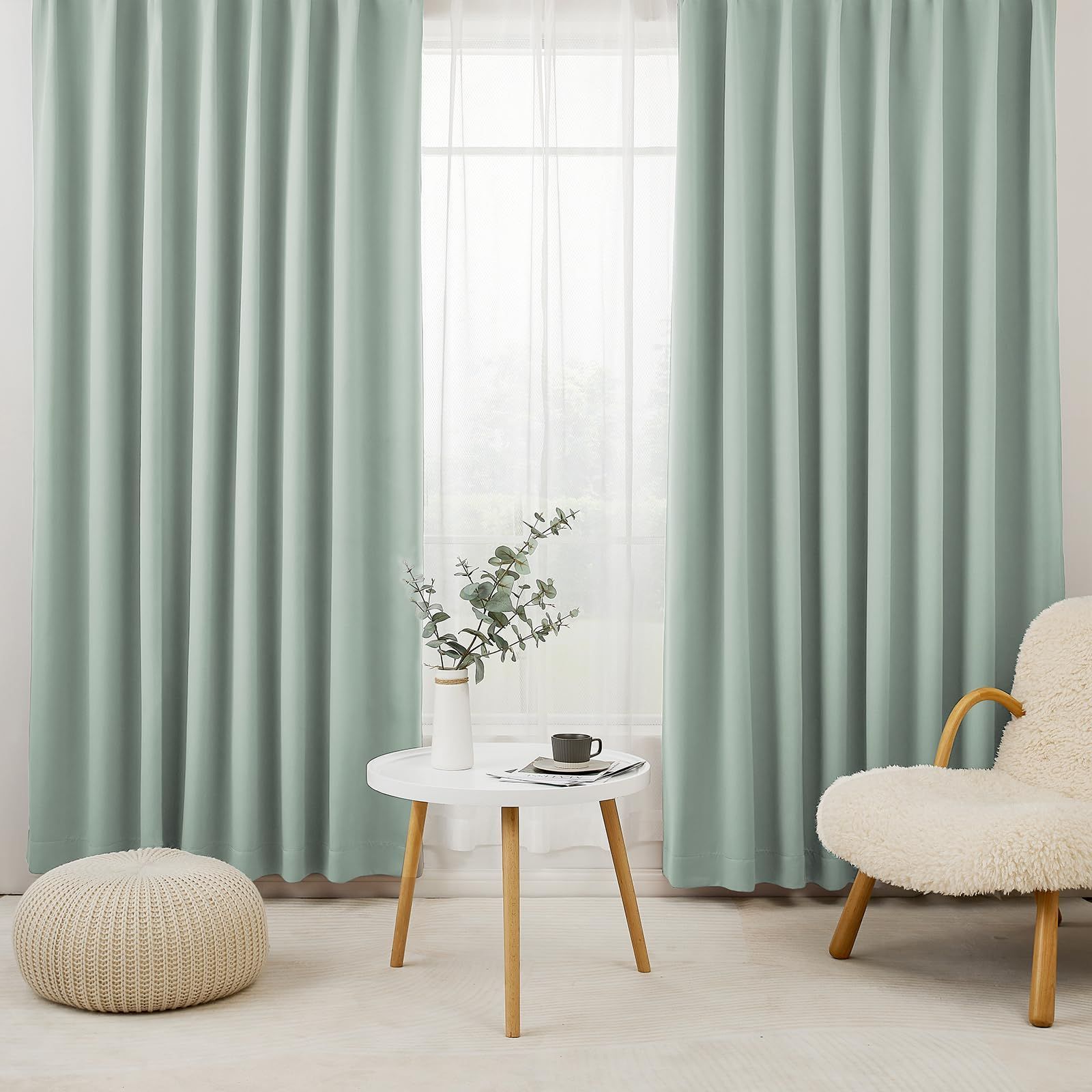 【即日発送】幅100cm丈200cm カルダモングリーン 4枚セット 断熱 防寒 1級遮光 防音 省エネ 厚手 カーテン 無地 おしゃれ 洗える Hansleep リビング用 (カーテン2枚・レース2枚)