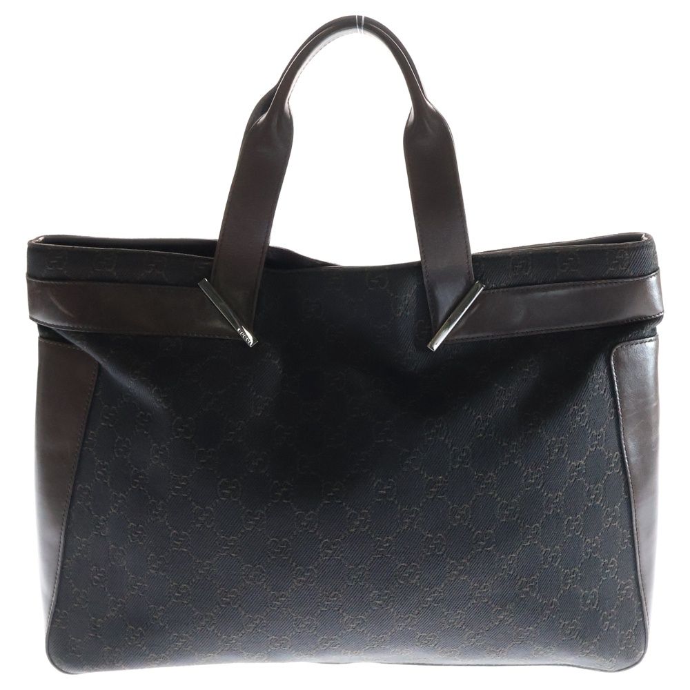 GUCCI グッチ GGキャンバス レザー ロゴプレート ハンド トートバッグ シルバー金具 ブラウン 73982