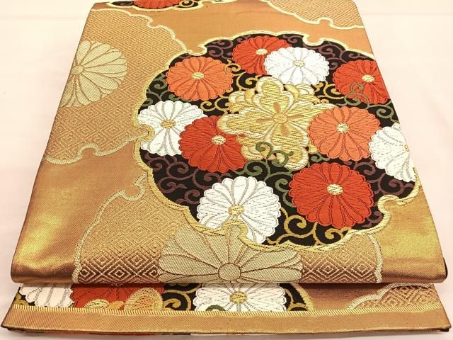 平和屋着物■西陣　河合美術織物謹製　六通柄袋帯　唐織　雪輪花唐草文　黒地　金糸　正絹　逸品　BAAT6804hv 平和屋着物□西陣 河合美術織物謹製 六通柄袋帯 唐織 雪輪花唐草文