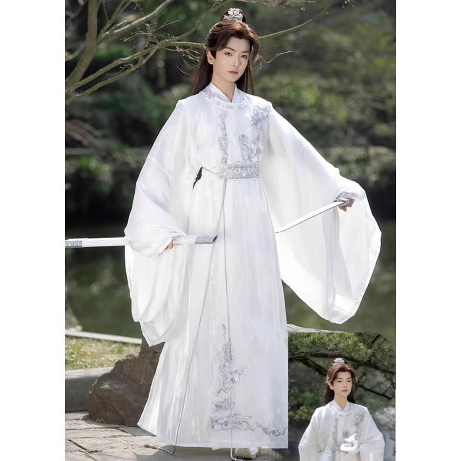 白 漢服 4点セット メンズ 刺繍 チャイナ服 唐時代 丸襟 チャイナ服 振袖 ロングブラウス ベルト付き 中国古代服装 おしゃれ 男性 女性 男
