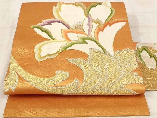 平和屋着物◎九寸名古屋帯 駒刺繍 更紗花文 金銀糸 正絹 逸品