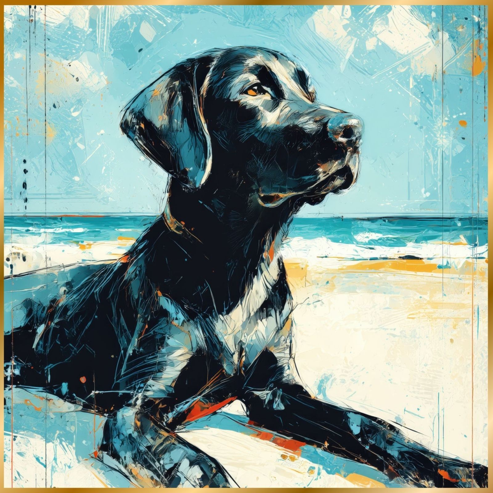 ブラックラブラドールレトリバー犬とビーチのスケッチ No.3 黒ラブ 海 犬の絵 犬のイラスト おしゃれ ミニマリスト ミニマリズム シンプル インテリアアート ペットロス うちの子 記念日 アートポスター ギフト プレゼント