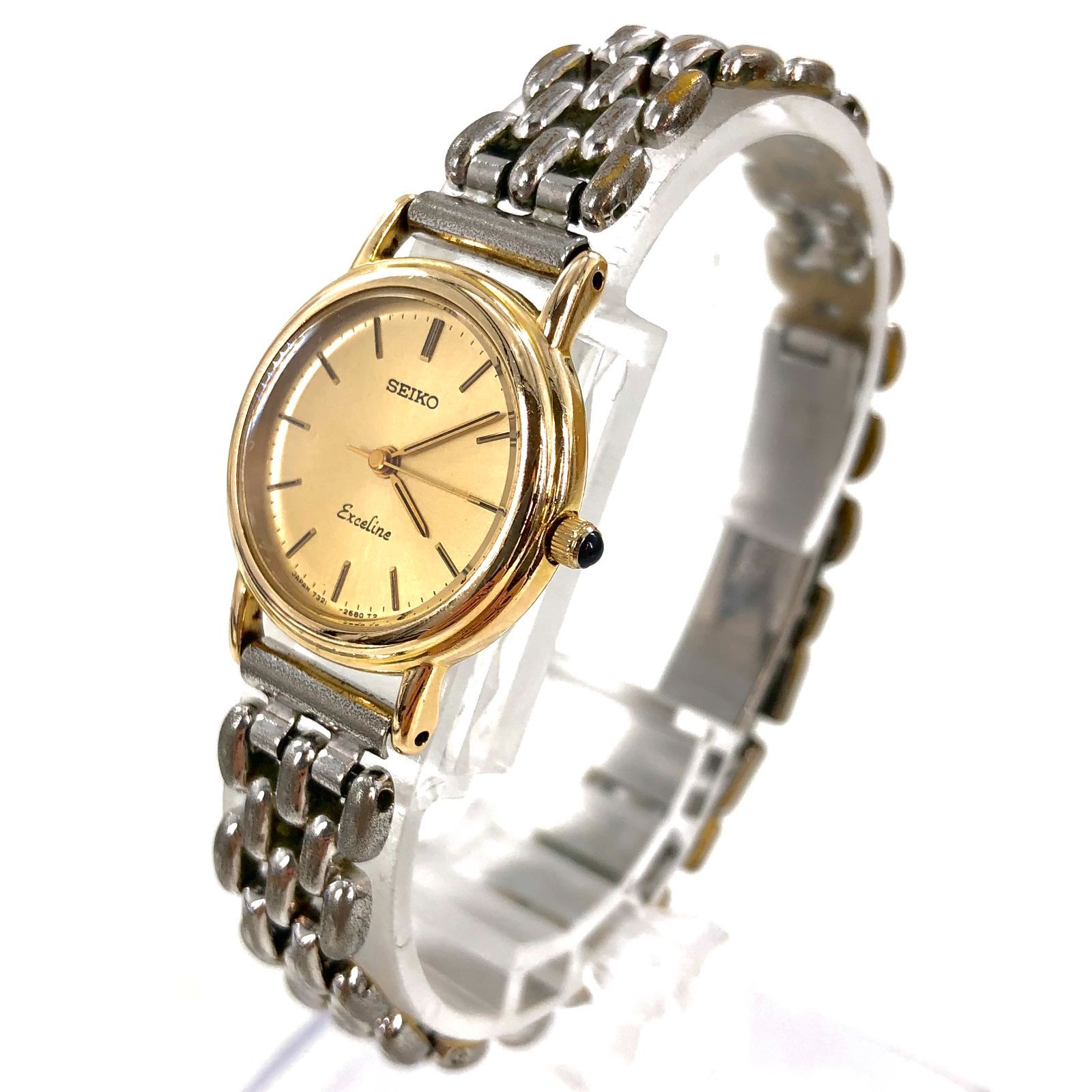 SEIKO エクセリーヌ 腕時計 コンビ シェル盤 1Pダイヤ ダイヤベルト