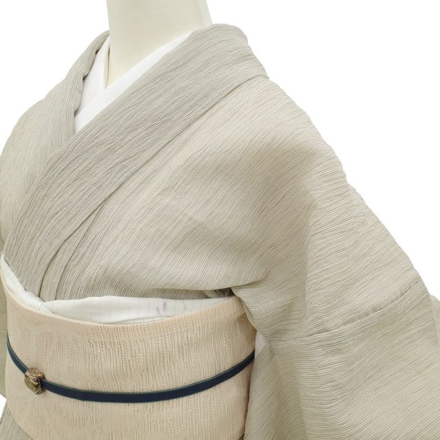 新古品】 夏物 小千谷ちぢみ 着物 単衣 未使用 麻 亜麻色地 淡