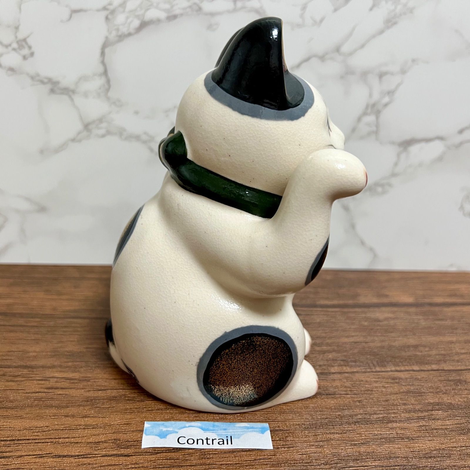 薬師窯 菊花 招き猫 (右手上げ・緑・大) 右手 金運招福 縁起物