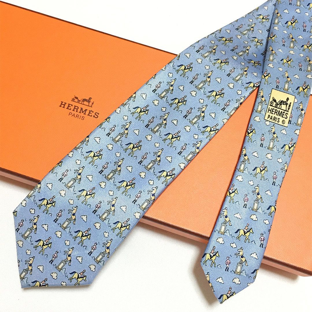 美品 エルメス HERMES ネクタイ シルク100% ライトブルー アニマル柄