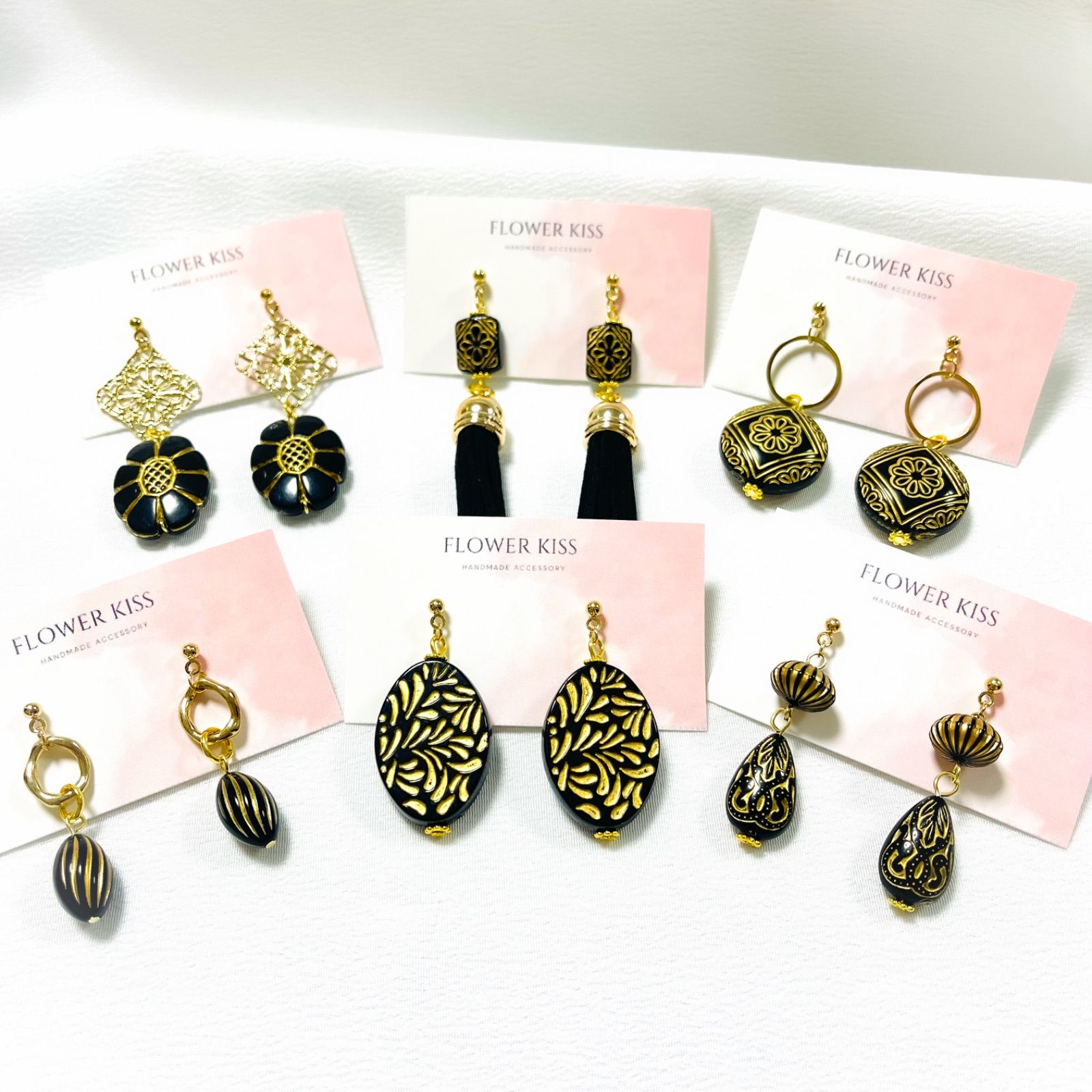 ハンドメイド ピアス イヤリング 6点セット 黒 ブラック アンティーク 