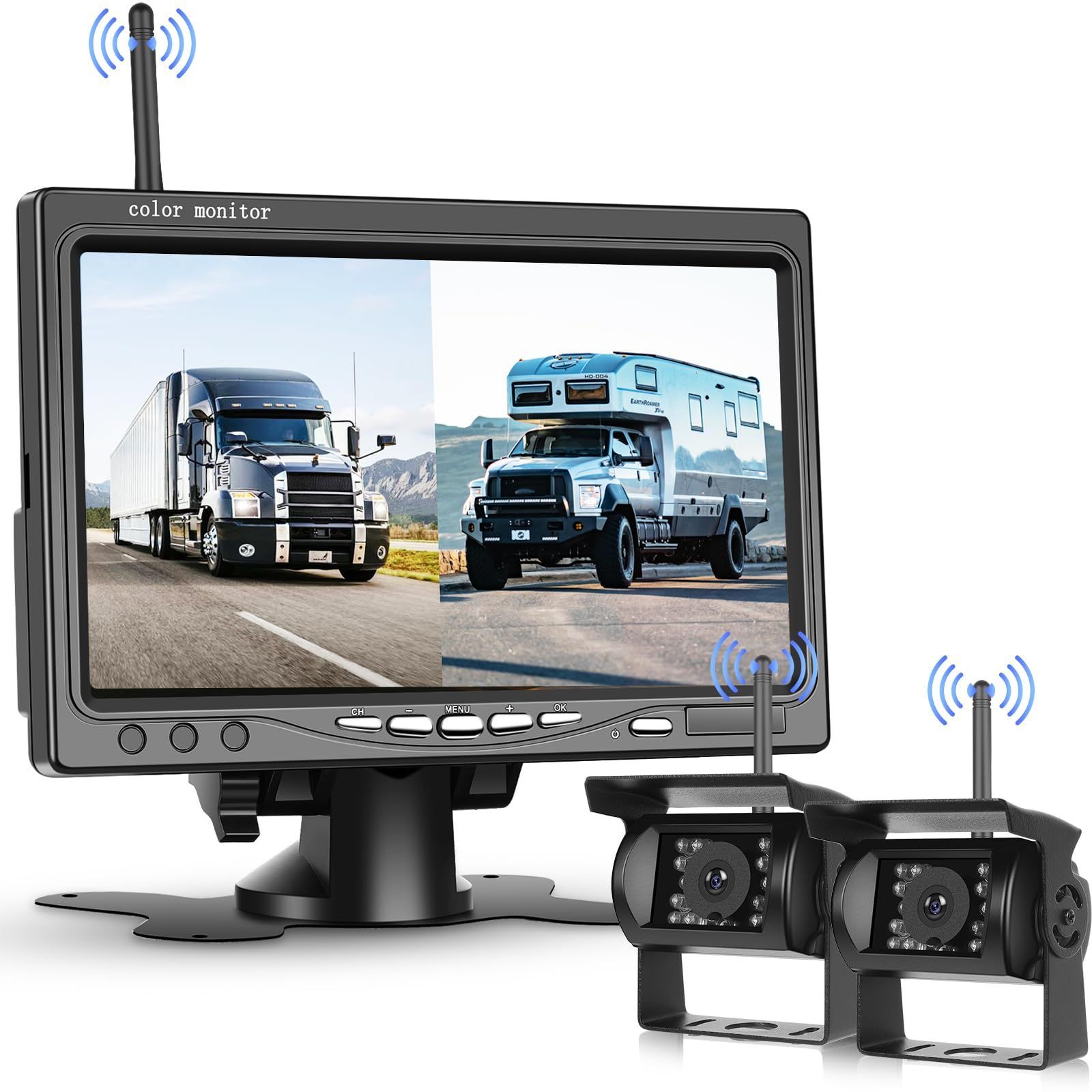 2 台の無線式バックアップカメラで 7 インチモニタ付きの無線式車載後方カメラ 防水性 IP68 超高輝度のナイトビジョン機能を備え キャンピングカー トラック バスなどに適用 で 電圧は 12V-36V です カメラ
