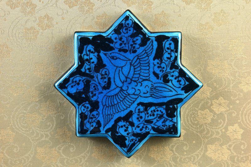 蔵A5505a 幸兵衛窯 青釉鳥文星形 陶板額装 加藤卓男