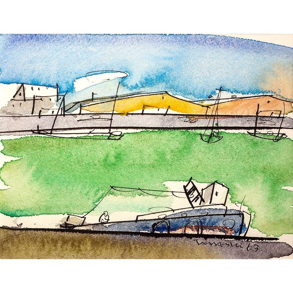 井出孝（静岡） 水彩スケッチ画 「港の風景」 額入り 風景画 額装画