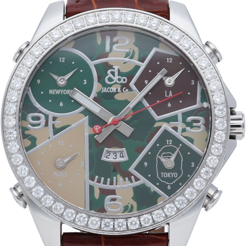 ジェイコブ ファイブ タイム ゾーン ウォッチ 47mm ダイヤベゼル SS/革 
