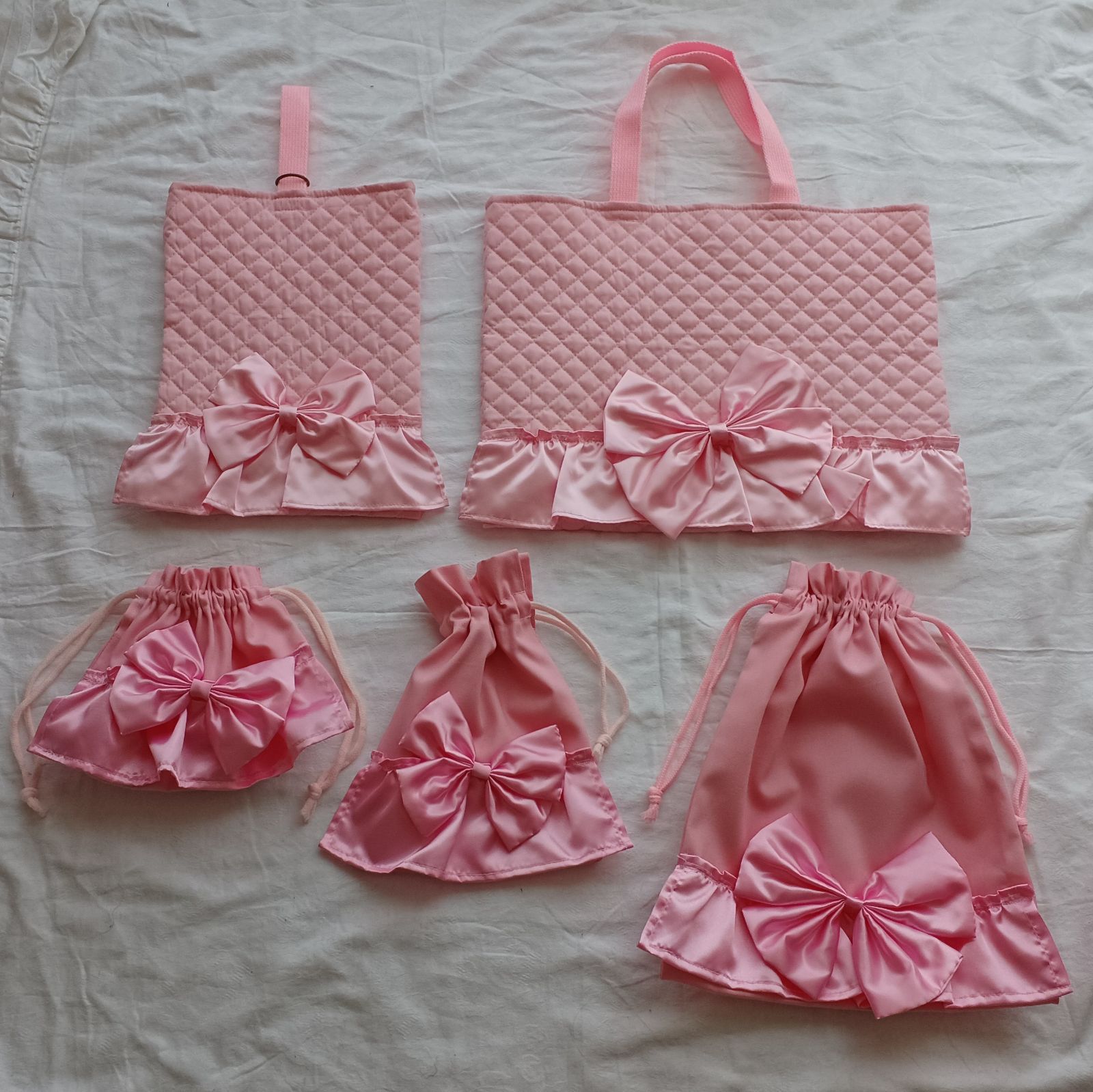 姫系】入園入学 通園バッグ5点セット ピンク×ピンク リボン フリル