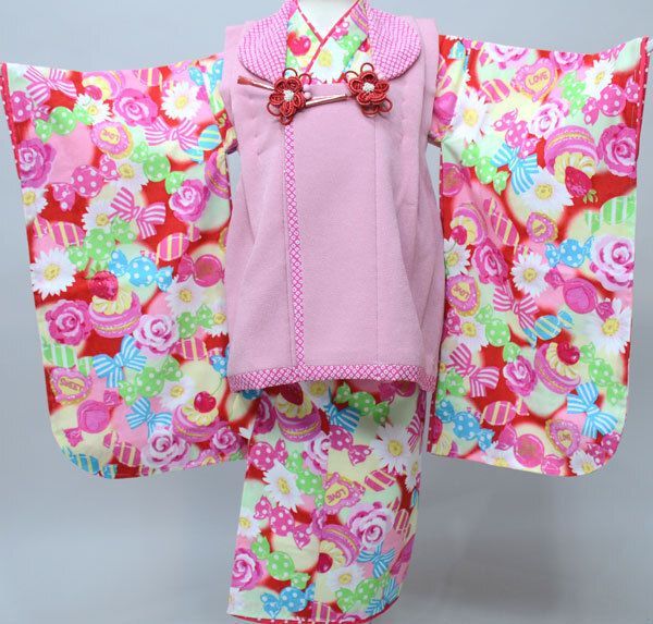 七五三 三歳 女児 被布着物フルセット 日本製 松田聖子 ちりめん地 赤色×ピンク お仕立て無料 NO33892