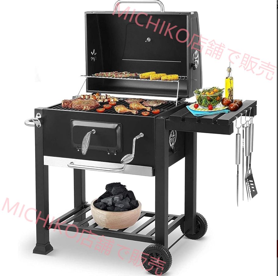 大型バーベキューコンロ 炭火焼き 5～10人用 焚き火台兼用ステンレス製 BBQグリル 屋外キャンプ用 家族 友人集まりに最適 煙対策 掃除簡単 ブラック 110x65x133cm
