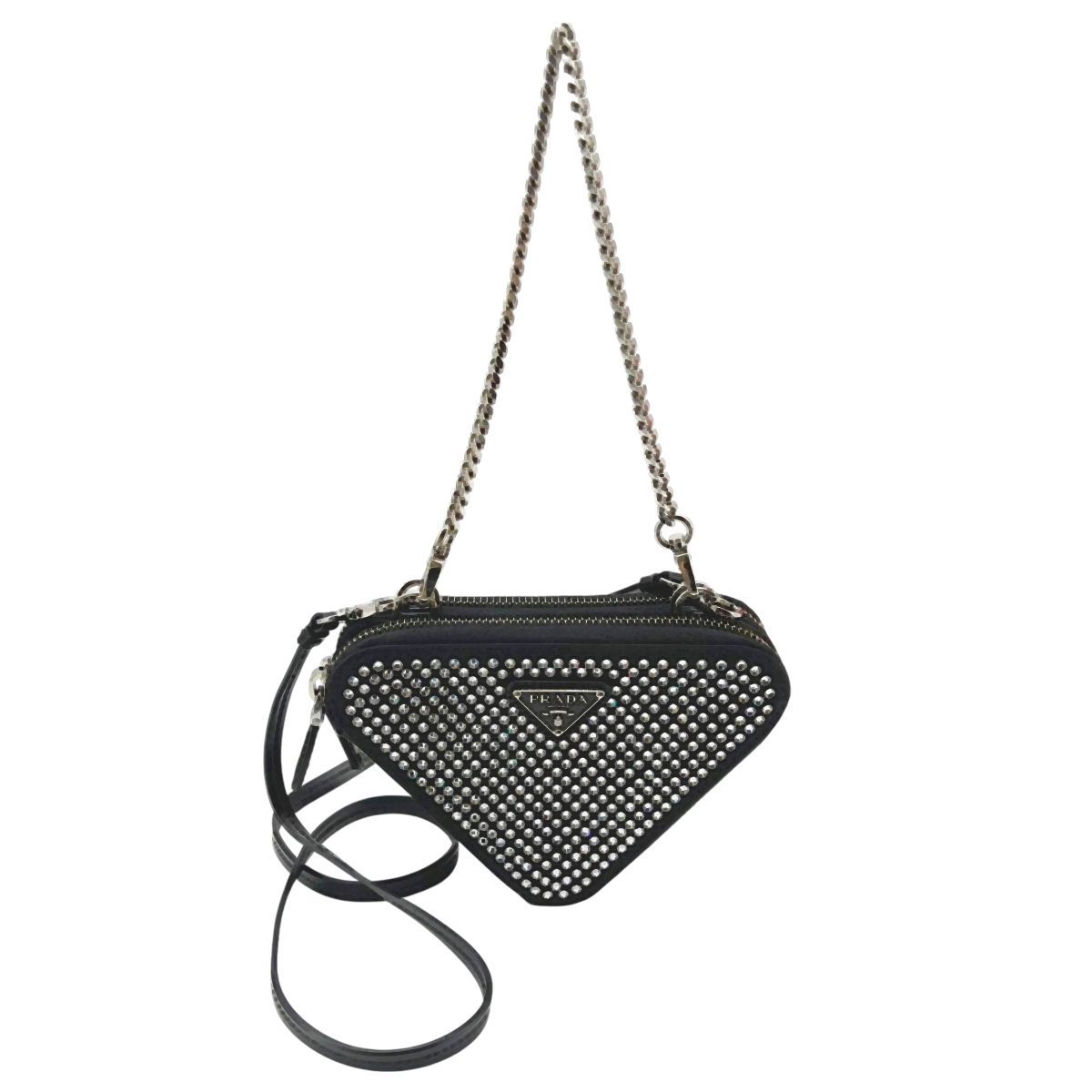 中古】 PRADA プラダ トライアングル ビジュー チェーンポーチ