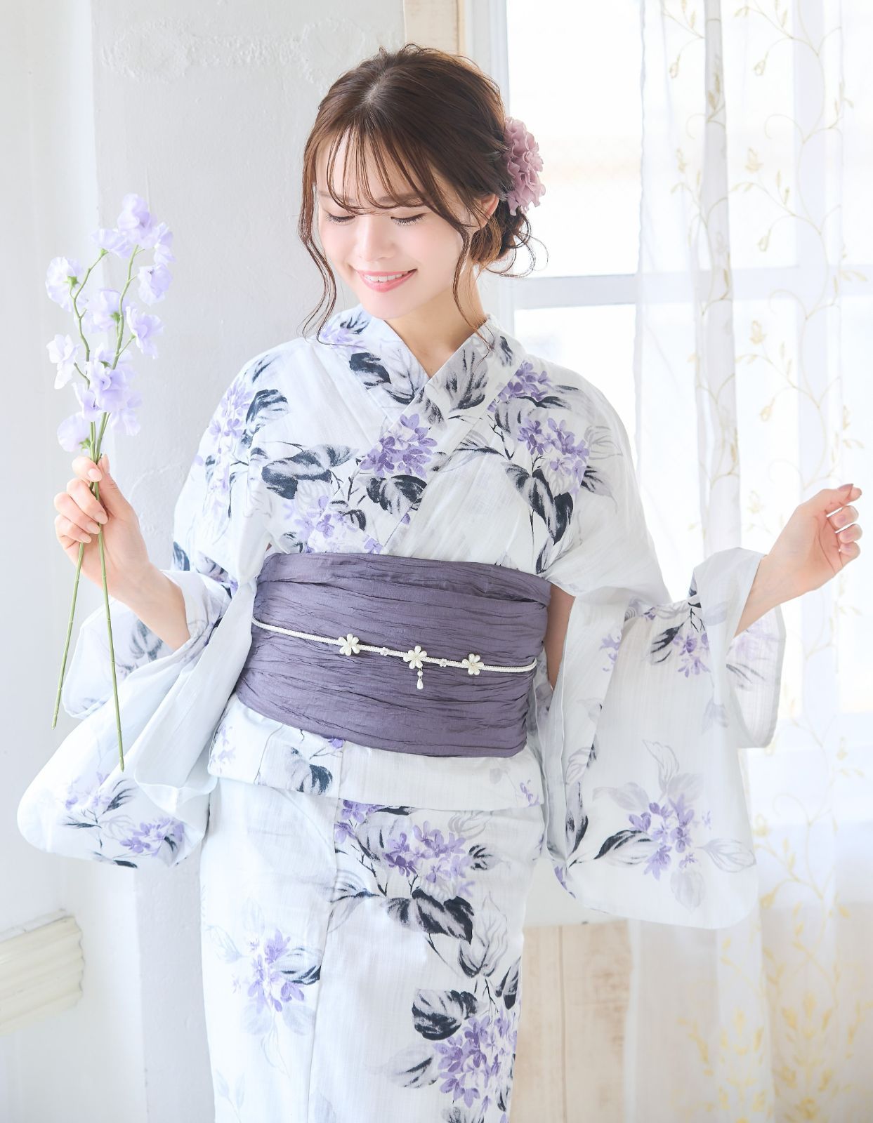 新品 高級浴衣 浴衣セット 白地×あじさい【帯パープルor帯
