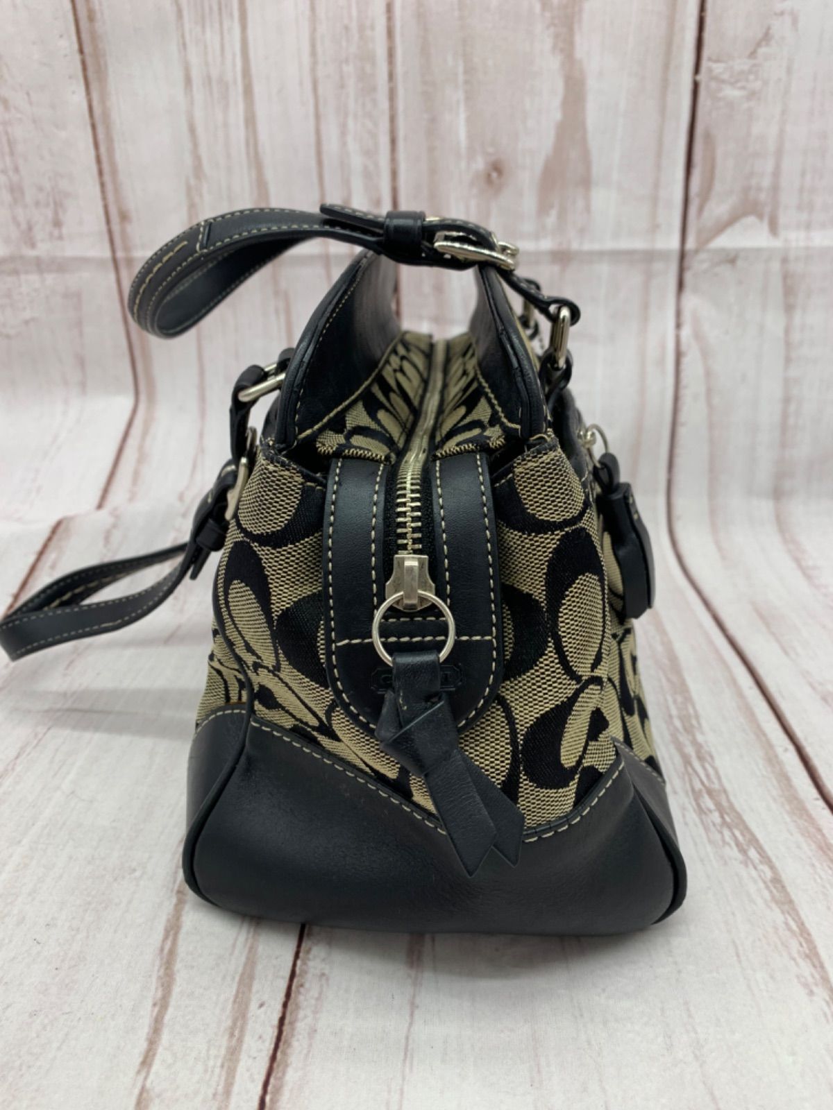 極美品COACH ハンドバッグ シグネチャー キャンバス ブラック F13068 ☆COACH コーチ シグネチャー キャンバス レザー ハンドバッグ
