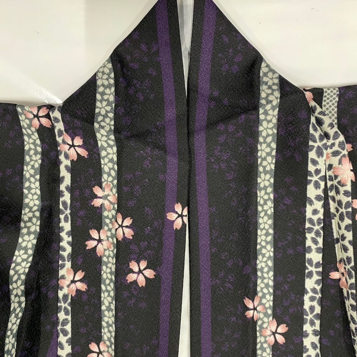 小紋 身丈164cm 裄丈65.5cm M 袷 桜 縞 濃紫 化繊 美品 優品