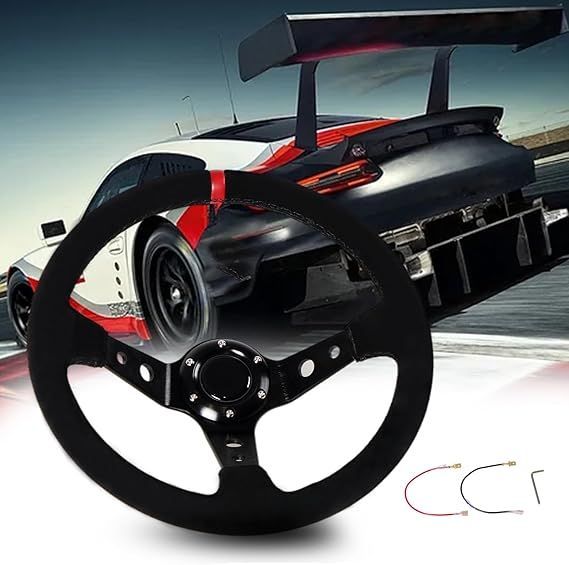 【在庫処分】VEHSUN ステアリング 35パイ ハンドル 車用 ディープコーン ブラックスポーク スポーツタイプ 軽量アルミニウム ライチ柄 ステアリングホイール 車用 ホーンボタン付き/赤 スエー