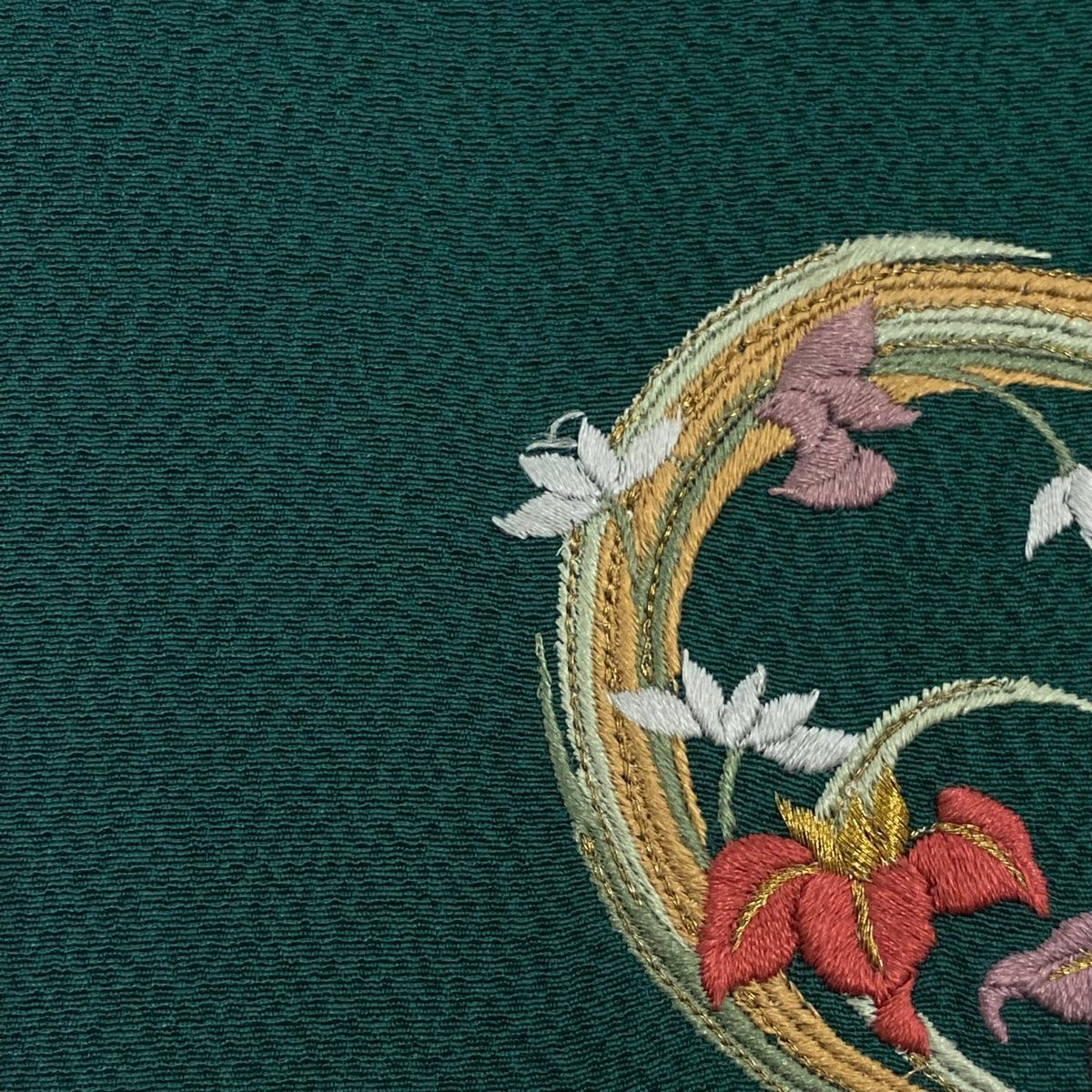 振袖 身丈156cm 裄丈64.5cm M 袷 花丸文 刺繍 金糸 緑 正絹 名品