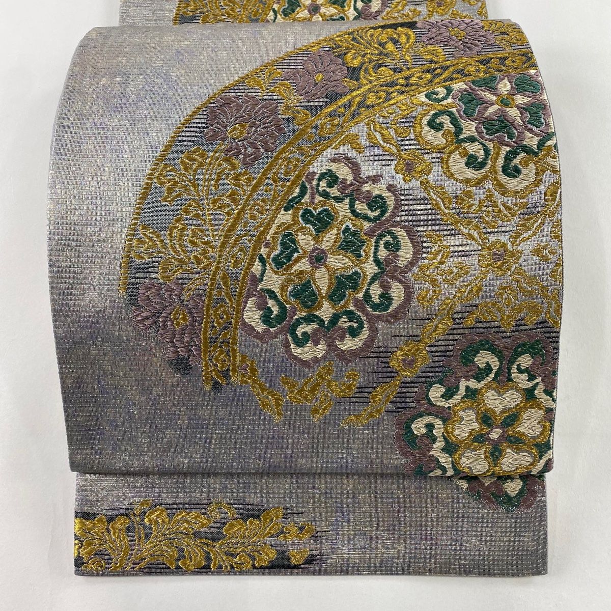 袋帯 秀品 華文 草花 箔 金銀糸 銀色 六通 正絹