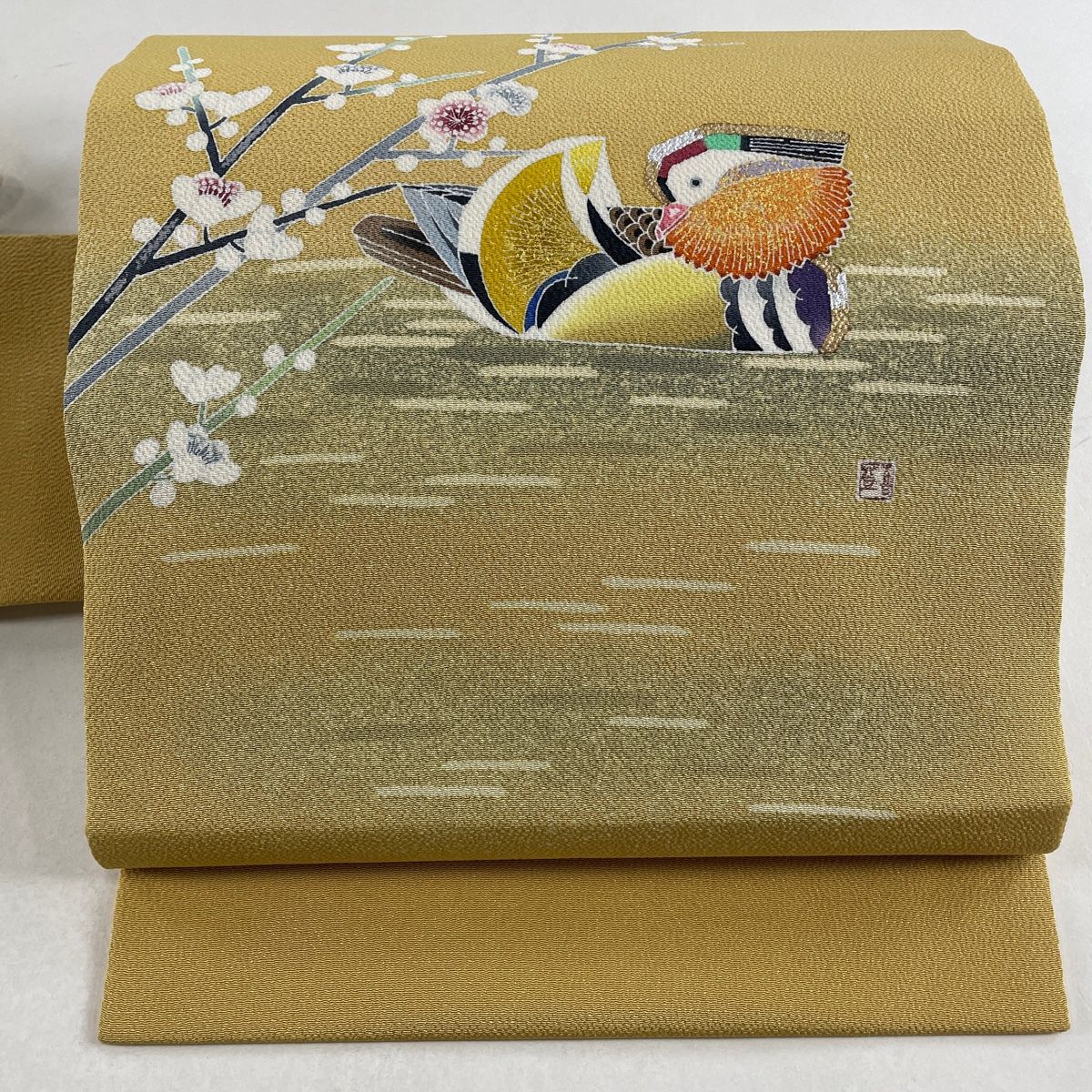 O0452 美品 逸品 人間国宝 羽田登喜男作 ちりめん地 鴛鴦 正絹 名古屋帯 名古屋帯 羽田登喜 鴛鴦 ちりめん