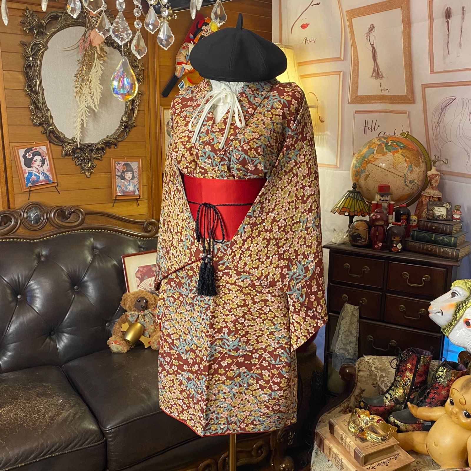 着物リメイク ミニミディ ワンピース｜洗える化繊素材＆帯サッシュ