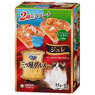 ユニ チャーム 銀のスプーン 三ツ星グルメ パウチ ジュレ まぐろ かつおにしらす かにかま添え＆まぐろ かつおにかつお節添え 35g×8袋 1ケース20箱