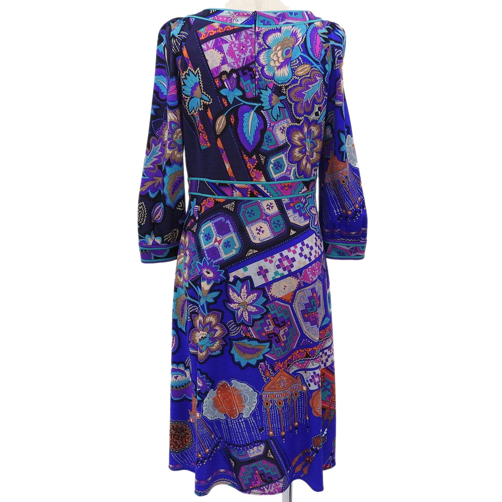 ▲LEONARD FASHION レオナール ファッション ウール フラワー100% 総柄 7分袖 ワンピース マルチ 40 レディース