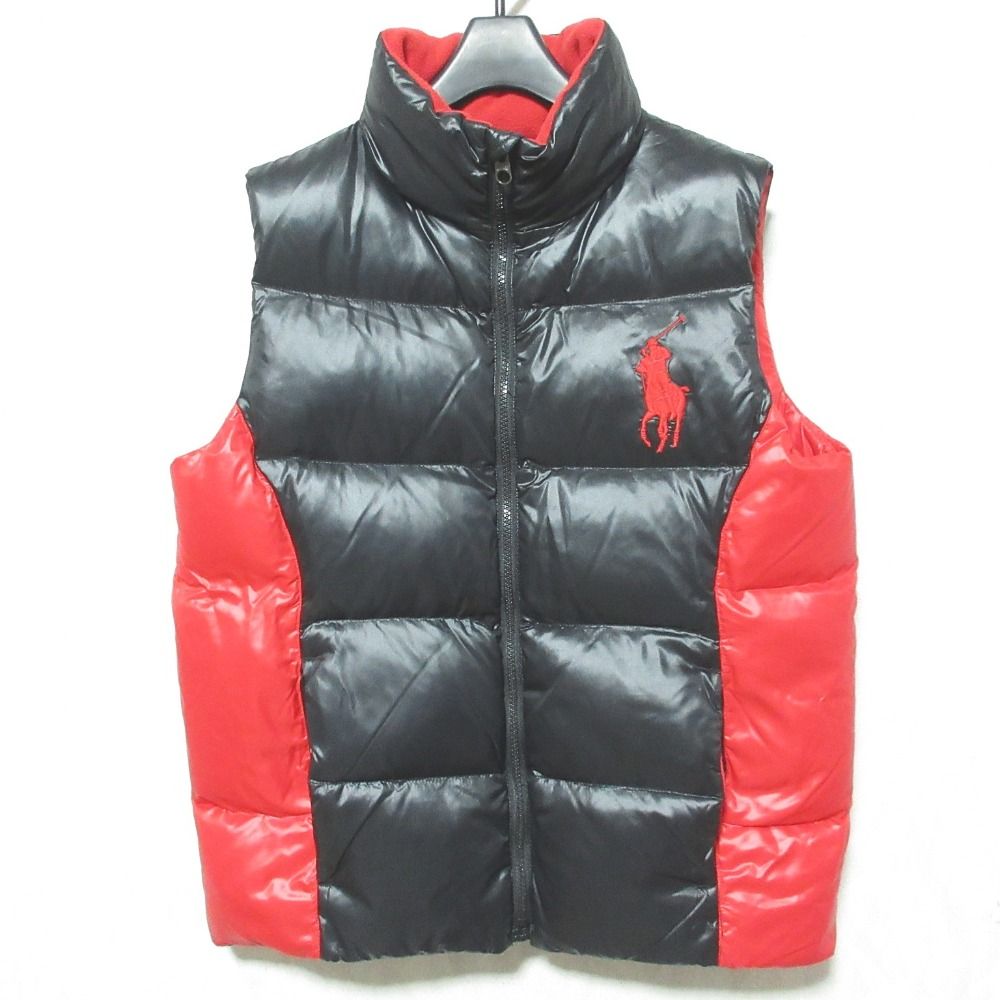 美品 POLO RALPH LAUREN ポロラルフローレン ビッグポニー 配色 ジップアップ ダウンベスト キッズサイズ L 14-16 レッド×ブラック キッズ 古着  USED