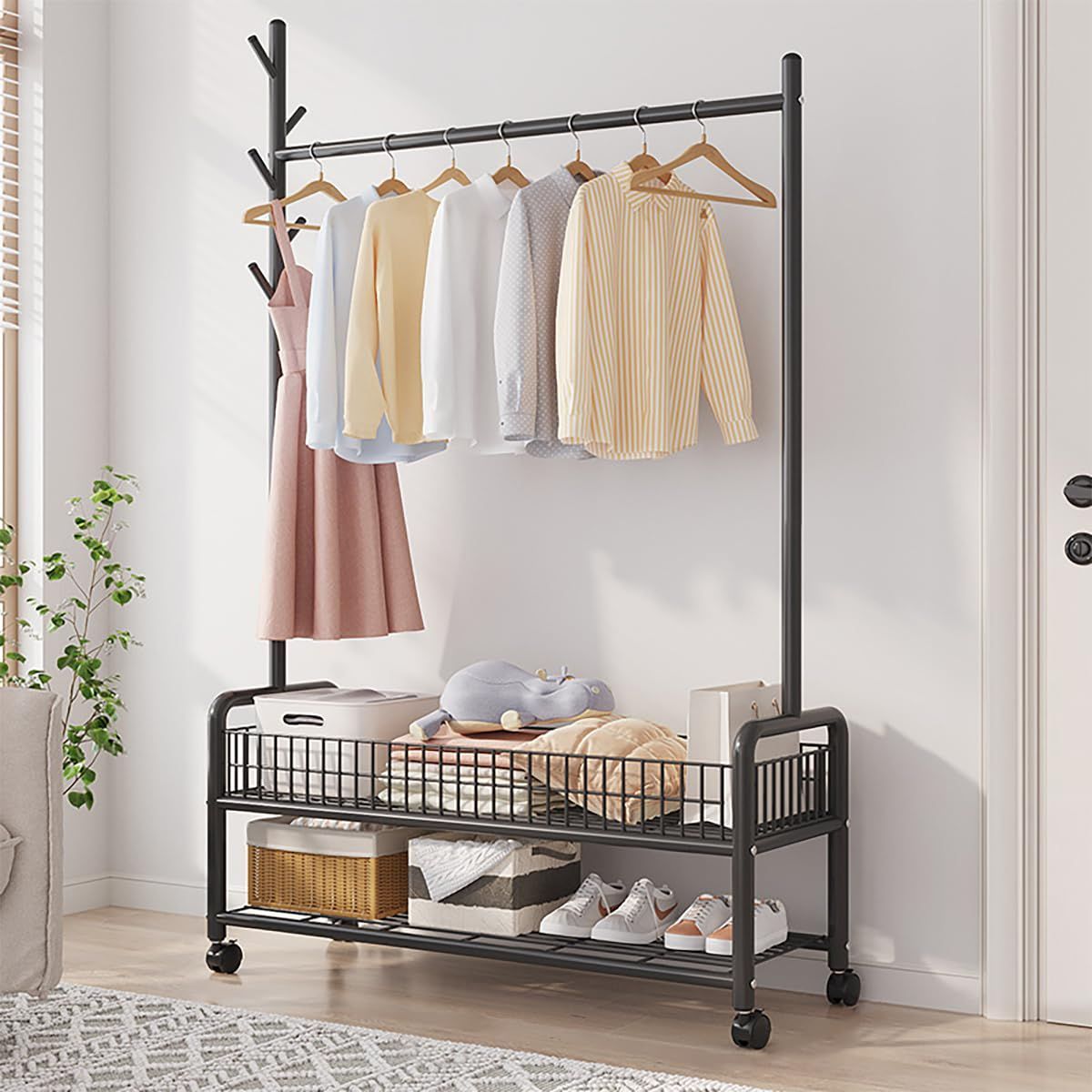 【新着商品】Vinteky ハンガーラック おしゃれ 衣類収納ラック 洋服収納ラック 多機能収納 メッシュ棚付 組立簡単 耐久 頑丈 幅90×奥行35×高さ176cm 高耐荷重 キャスター付き (ブラック)