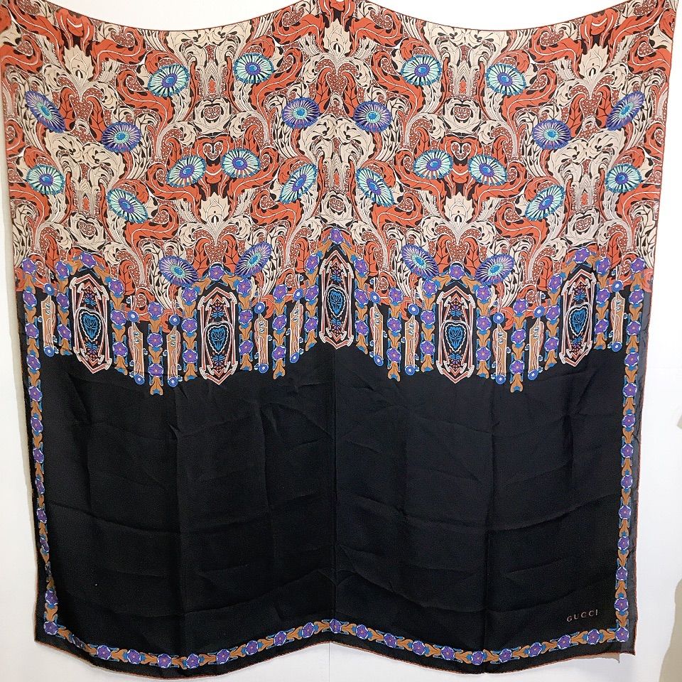 GUCCI グッチ 大判 スカーフ ストール 花柄 オレンジ×黒 シフォン系 