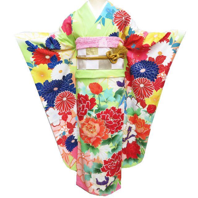 振袖 着物 中古 ポリエステル JAPAN STYLE 花の図 淡い黄緑色 多