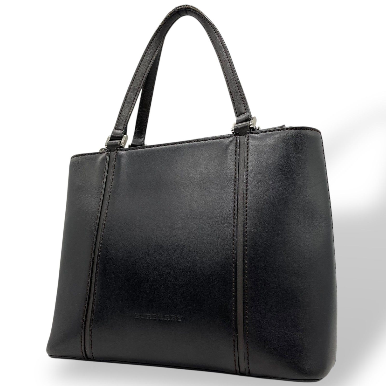 BURBERRY バーバリー ハンドバッグ レザー 本革 黒 ブラック シルバー金具 型押しロゴ 手提げ ファスナー開閉 ノバチェック レディース K13